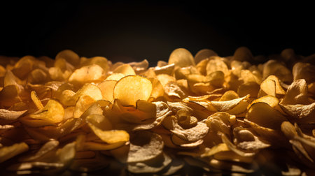 Golden potato chips on black background. Selective focus. Toned.の素材