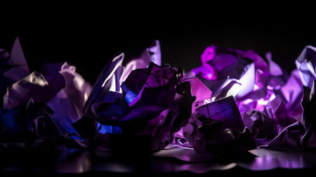 Purple crumpled paper balls on black background. Abstract creative concept.の素材