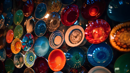 Colorful ceramic plates and bowls for sale at the bazaar in Istanbul, Turkeyの素材