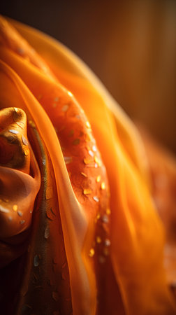 Texture, background, pattern. Silk fabric of orange color with a floral pattern. It is photographed in the studio.の素材