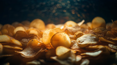 Potato chips on a dark background. Selective focus. Toned.の素材