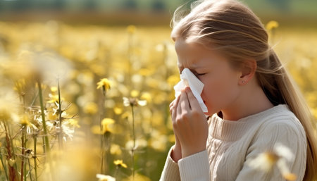 Sick girl blowing her nose in a field of yellow flowers.の素材