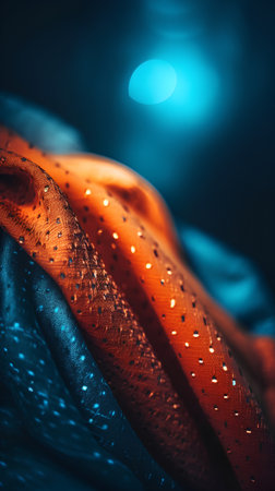 Texture, background, pattern, postcard, silk fabric, red and blue, with a print of rhinestones, the material allowing the light to pass through it so that the objects behind are clearly visible.の素材