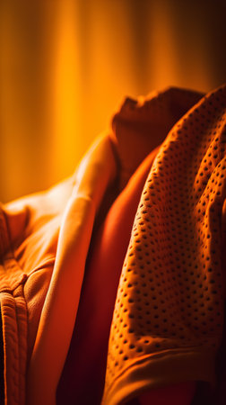 Close up of orange shirt on a brown background. Shallow depth of field.の素材