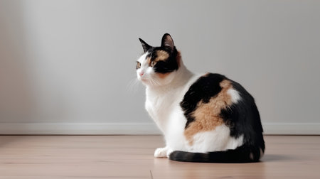 Cat sitting on the floor in front of a wall with copy spaceの素材