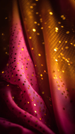 Texture, background, pattern. Silk fabric is red with gold sequinsの素材