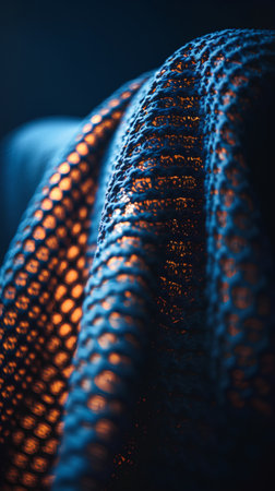Blue knitted fabric with a pattern. Close-up photo.の素材