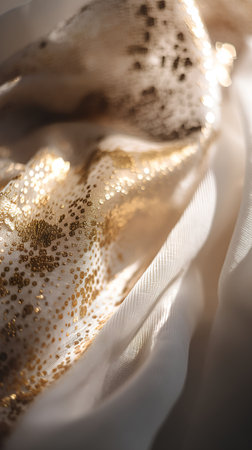 Luxury white silk fabric with gold sequins, close upの素材