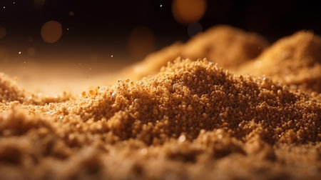 closeup of a pile of brown sugar on a black background with bokehの素材