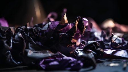 close up of crumpled purple paper on black background with smokeの素材
