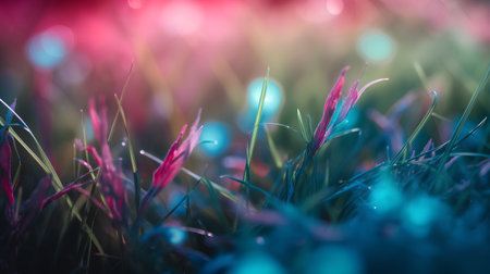 Green grass with blue and pink bokeh lights in the garden.の素材