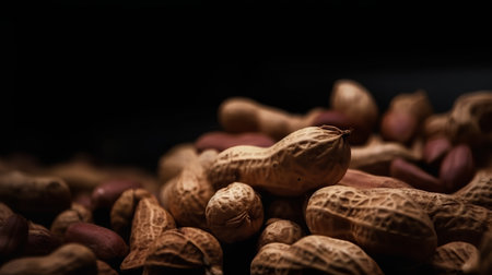 Close up of peanuts on black background with shallow depth of field.の素材