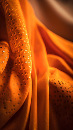Orange satin fabric with small dots close-up macro photo backgroundの素材