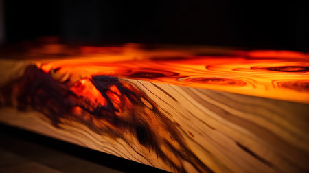 Wooden oven with burning firewood on a dark background close-upの素材