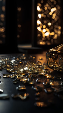 Broken glass with gold coins on a dark background. Selective focus.の素材