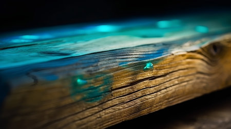 Wooden surface with green and blue light spots. Selective focus.の素材