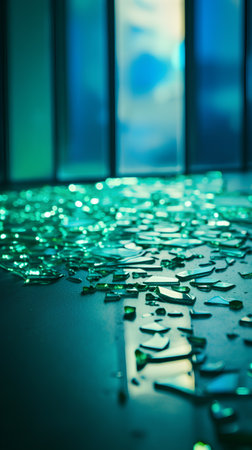 Close up shot of a glass surface with green and blue sequinsの素材