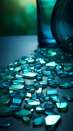 Broken glass on the background of green light. Shallow depth of fieldの素材