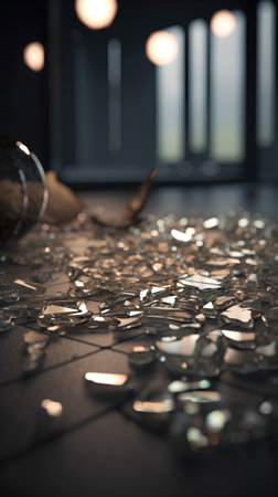 Broken glass on the floor in a dark room. Selective focus.の素材