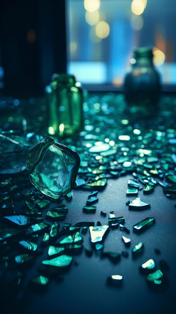 Glass bottles on the table. Shallow depth of field. Toned.の素材