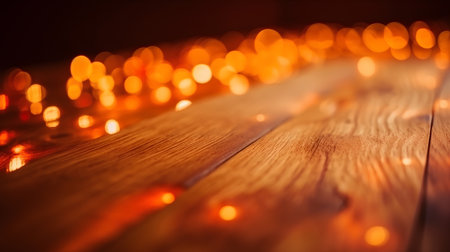 christmas lights on wooden planks, shallow depth of field.の素材