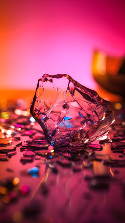 Broken glass on a pink background. Broken glass on the table.の素材