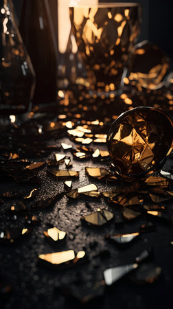 Broken glass on a black background. The concept of alcoholism.の素材