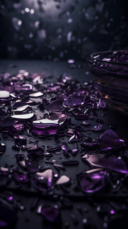 Pieces of broken glass on a black background. Selective focus.の素材