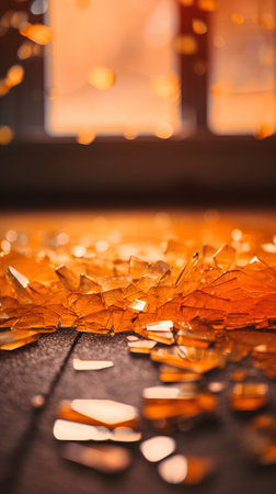 Broken glass on the floor in front of the window. Selective focus.の素材