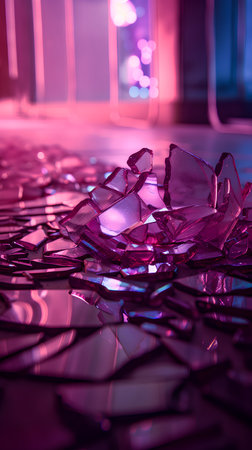 Broken glass shards. Broken pieces of broken glass on the floor.の素材