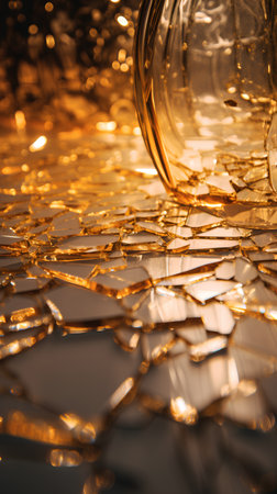 Broken glass on a background of golden lights. The concept of the consequences of the accident.の素材