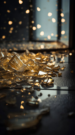 Golden broken glass on a black background. Shallow depth of field.の素材