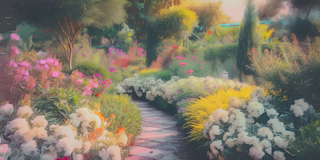 Colorful flowers in the garden at sunset time. Digital painting.の素材