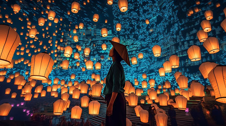 Asian woman with umbrella and paper lanterns in the night sky.の素材