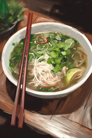Illustration of a bowl of Asian noodle soup with chopsticksの素材