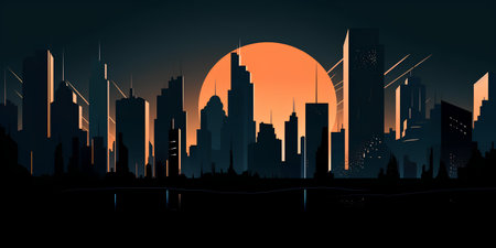 Cityscape with skyscrapers at sunset. Vector illustration. Cityscape background.の素材