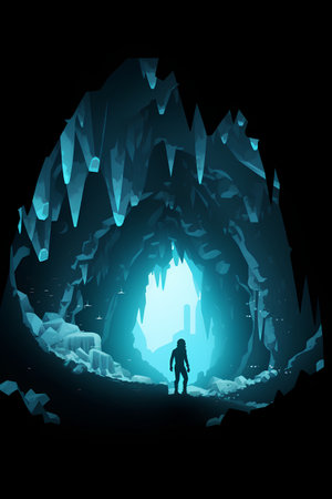 Silhouette of a man in the cave. Vector illustration.の素材