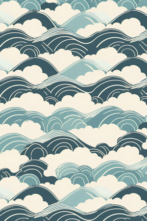 Seamless pattern with clouds and waves. Hand drawn vector illustration.の素材