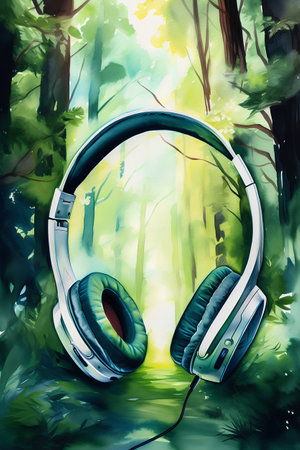 Digital painting of headphones in the forest. Digital painting of headphones in the forest.の素材