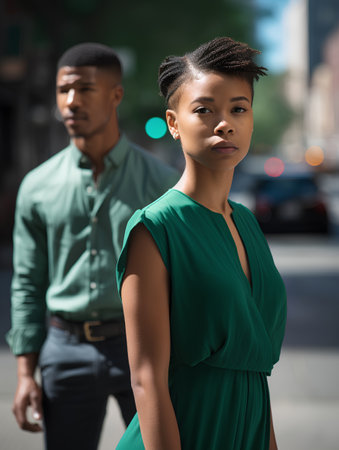 young african american woman in green dress looking at camera while man walking on streetの素材