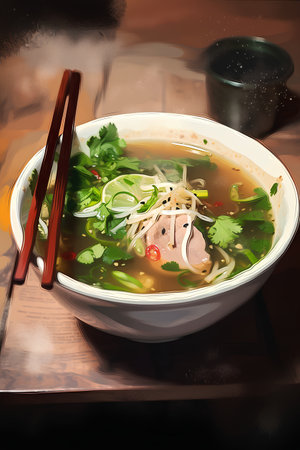 Vietnamese noodle soup with chicken and vegetables on wooden tableの素材