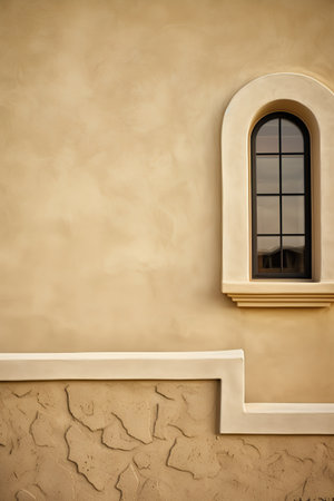 Vintage window on the yellow wall with a stone staircase in the backgroundの素材