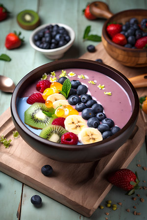 Smoothie bowl with fresh berries, kiwi and bananaの素材