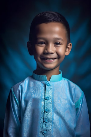 Little boy with traditional costume of Malay people on dark background.の素材