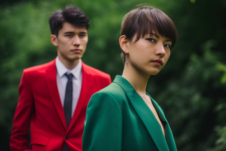 Portrait of a young Asian couple in a park in the summerの素材