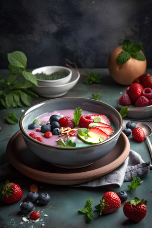 Blueberry smoothie bowl with fresh berries and mint on a dark backgroundの素材
