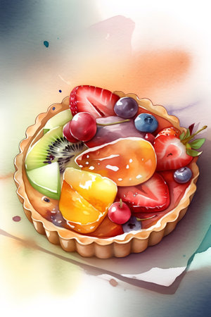 Watercolor illustration of fruit tart with kiwi, strawberry, blueberry, orange and kiwiの素材