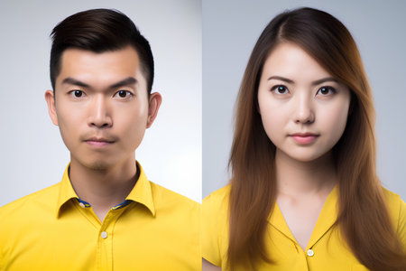 Asian young man and woman before and after plastic surgery on grey backgroundの素材