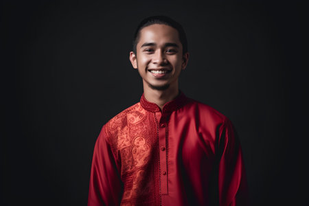 Portrait of a smiling young asian man in traditional clothes on black backgroundの素材