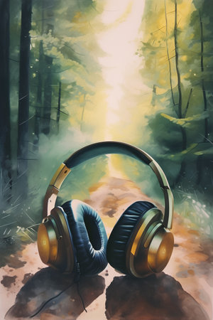 Digital painting of headphones listening to music in the forest with trees in the backgroundの素材